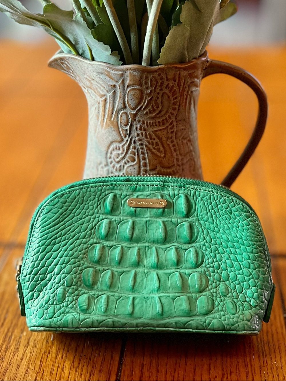 Brahmin Green (Palm?) Domed Cosmetic Pouch